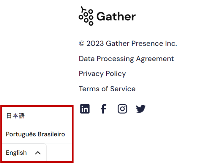 Gather Town provides English, Japanese, and Portugues.