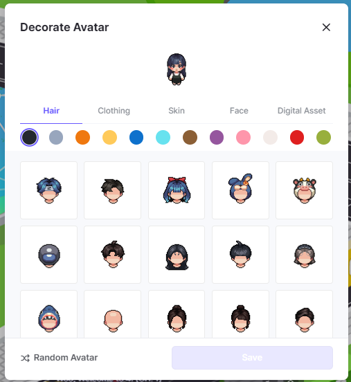 You can decorate your avatar you want, also create randomly.