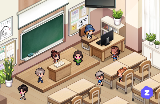 ZEPメタバース教室でアバターが授業に参加するオンラインフリースクールのスクリーンショット